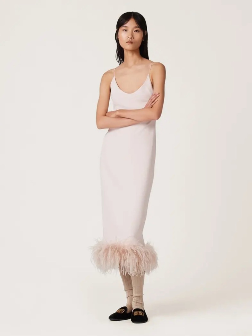Miu Miu Pale Blush Midi Slip Dress with Feather Trim